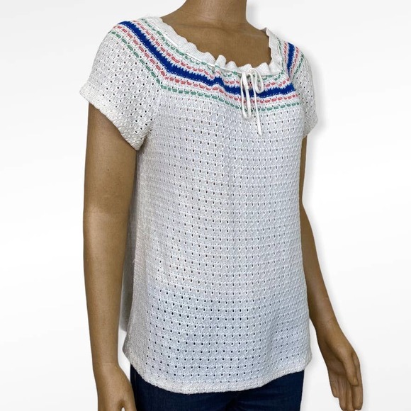 Vintage Crocheted Peasant Blouse Short Sleeve Knit Top - Picture 8 of 11